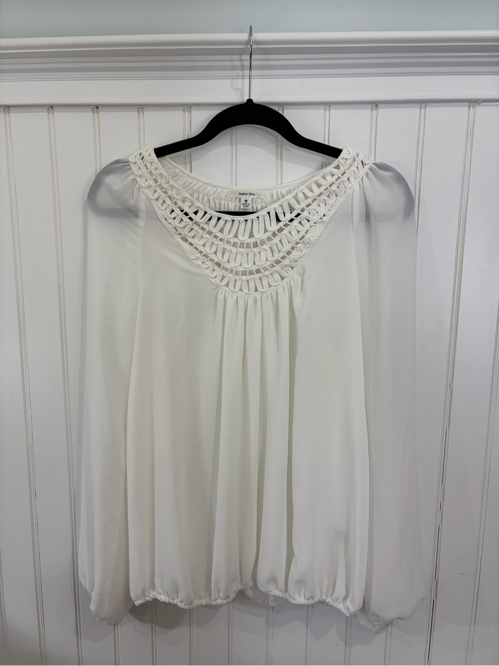 Sophie Max Cream Crochet Yoke Long-Sleeve Blouse (M)